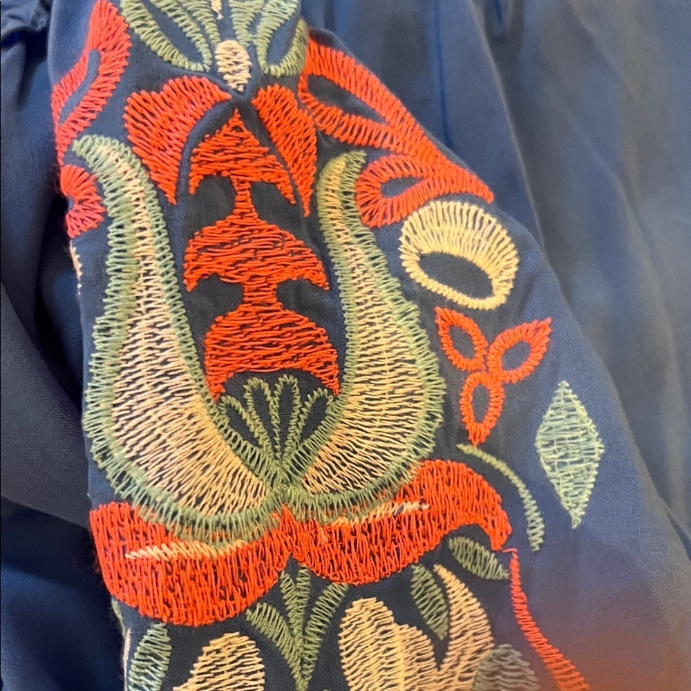 Lilly Pulitzer Blue Off-Shoulder Blouse with Coral Embroidered Arms, NWOT, L - Picture 5 of 10